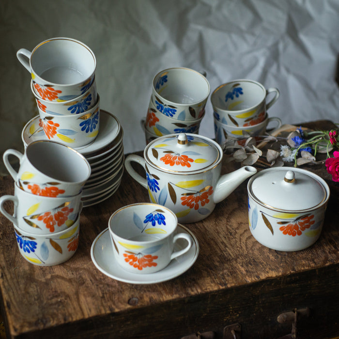 Vintage Porcelain tea set, 9-Piece china tea set, ceramic teapot, milk jug, sugar bowl, 3 ceramic cups, and 3 saucers