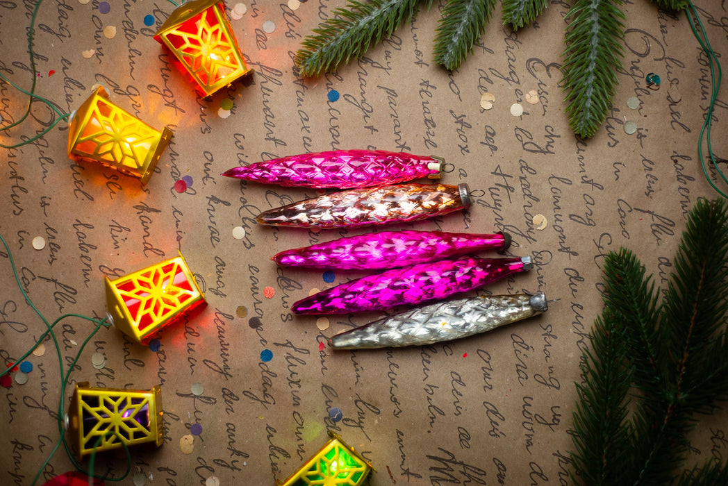 Pink Glass Icicle Christmas Ornaments, Vintage Set of 5