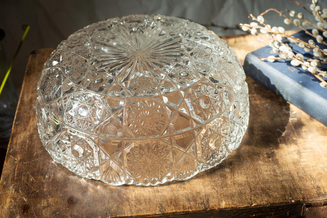 Vintage Cut Crystal Bowl, 1970s Clear Crystal Centerpiece