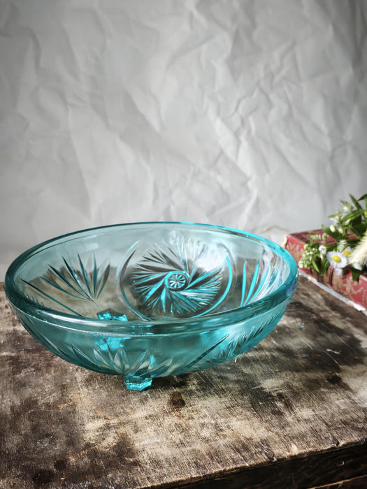 Vintage Glass Bowl – Blue Turquoise Fruit Serving Dish with Pressed Starburst Pattern