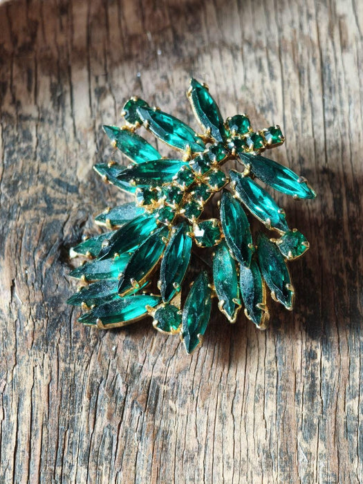 Vintage Green Rhinestone Brooch 1970s, Emerald Crystal Statement Pin