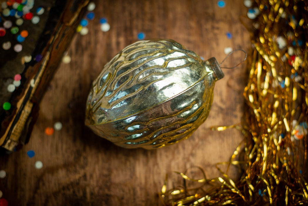 Large Vintage Glass Walnut Ornament, Gold Christmas Tree