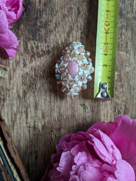 Pink flower brooch, vintage crystal lapel pin, 1970s white floral jewelry, retro old beaded brooch, Victorian shawl pin