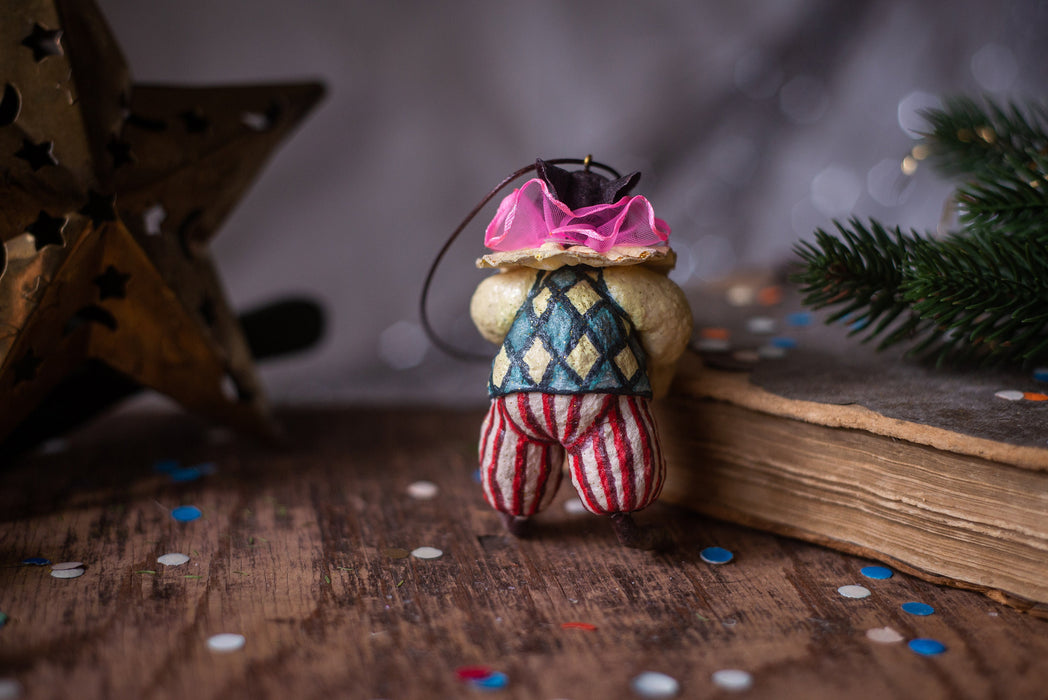 Spun cotton Christmas ornament,  Clown mouse figurine, vintage inspired