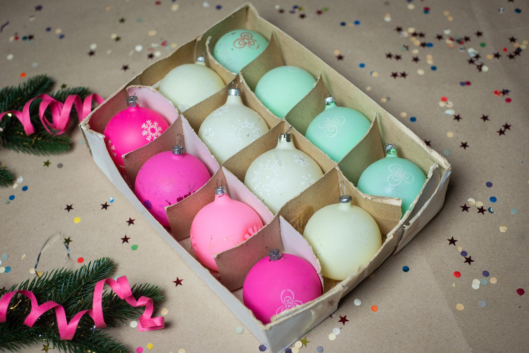 Vintage Christmas Baubles - Set of 12 Handpainted Glass Ornaments in Original Box