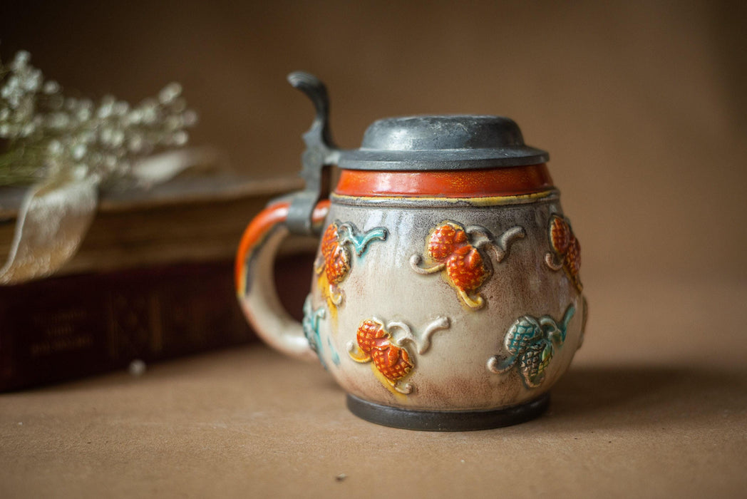 Vintage Ceramic Beer Stein with Lid Handpainted Rustic Floral Tankard