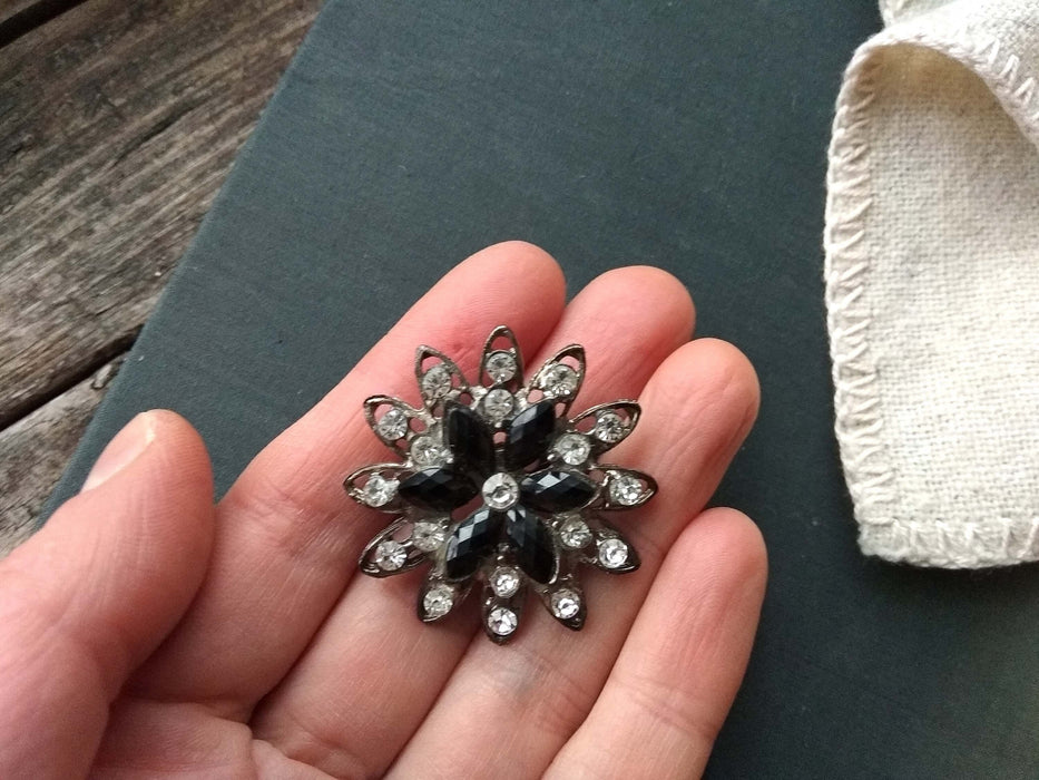 Vintage Black Flower Brooch, Rhinestone Floral Lapel Pin, Retro Jewelry Gift