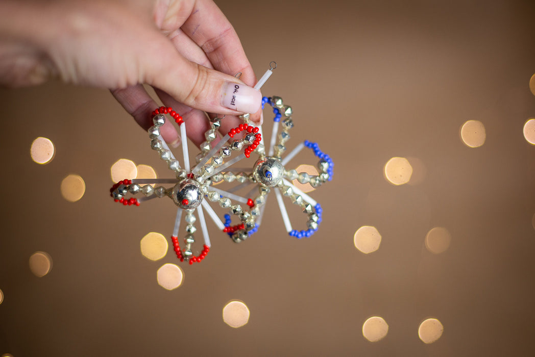 Antique German Chenille Christmas Ornaments, 1930s Mercury Glass Set of 7