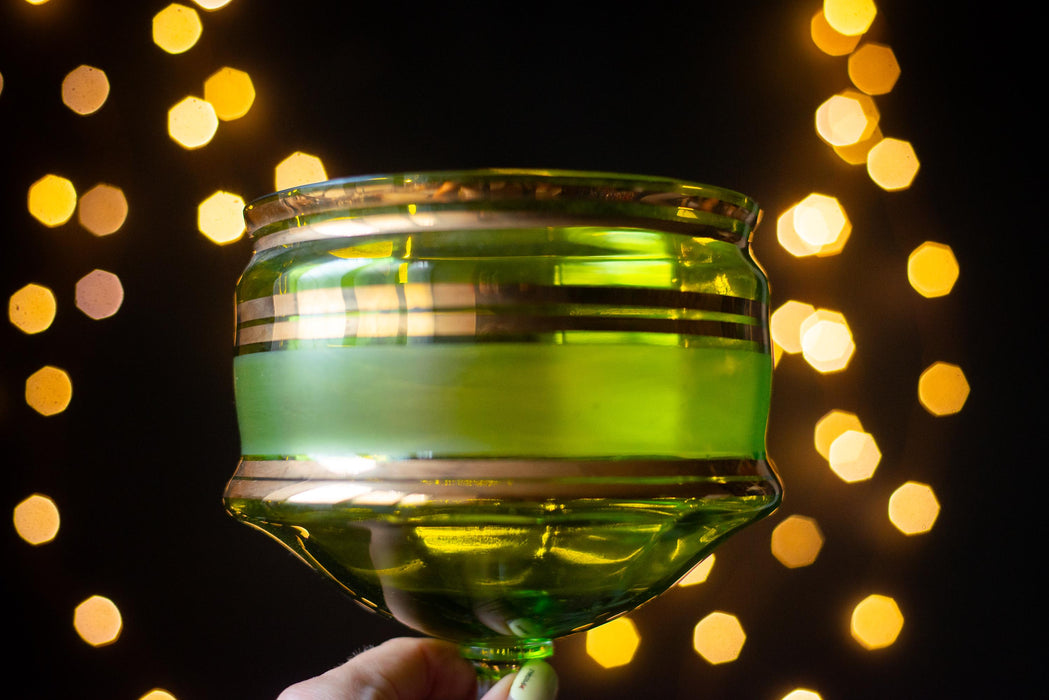 Mid-Century Green Crystal Compote Bowl: Gold Trim Vase, 1970s Decor