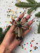 A hand holding a beaded spider-shaped ornament against a background of confetti and pine branches.
