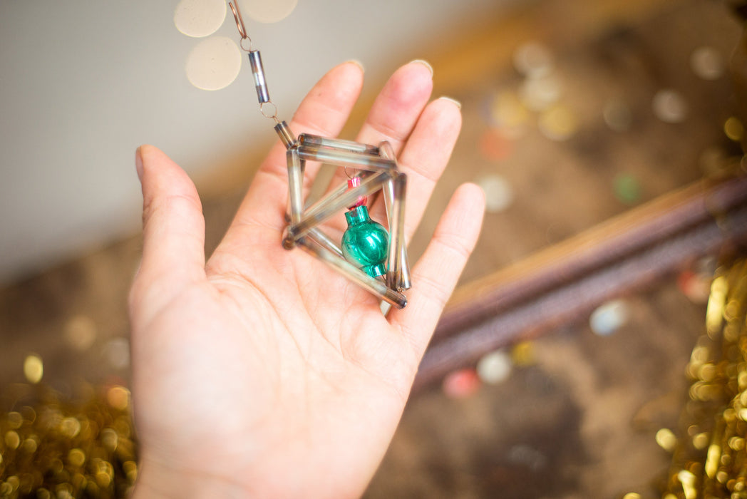 vintage glass basket ornament, 1950s Beaded Glass Bugle Bead Basket