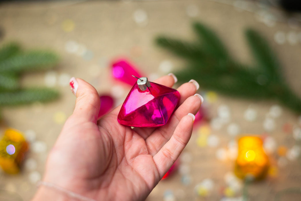 Vintage Pink Faceted Glass Christmas Ornaments Set of 7, 1950s Baubles
