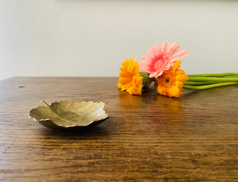 Brass Trinket Dish - Vintage Leaf Dish | Jewelry Ring Holder Tray, Small Brass Plate