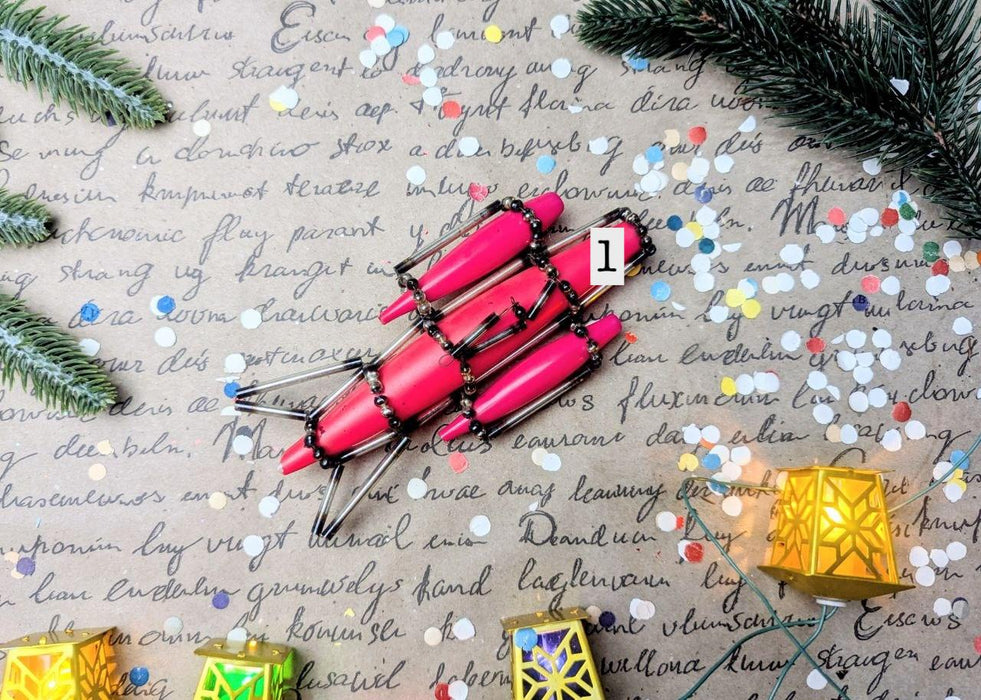 Vintage Rocket Ornament, Hot Pink 1950s Glass Beaded Montage