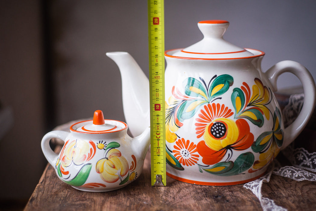 Vintage Ceramic Teapot Set with Petrikivka Flowers, Hand Painted Folk Art Tea Duo