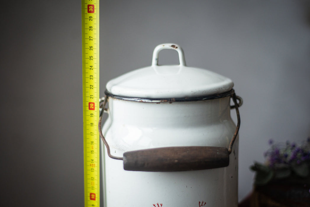 Vintage Enamel Milk Canister | 23.5 cm (9.25 in) Tall, White Red Floral +Lid