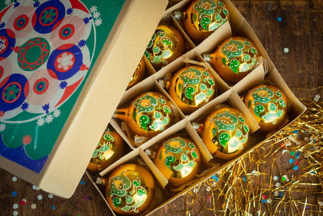 Vintage Glass Christmas Ornaments Gold Green Hand-Painted Box Set