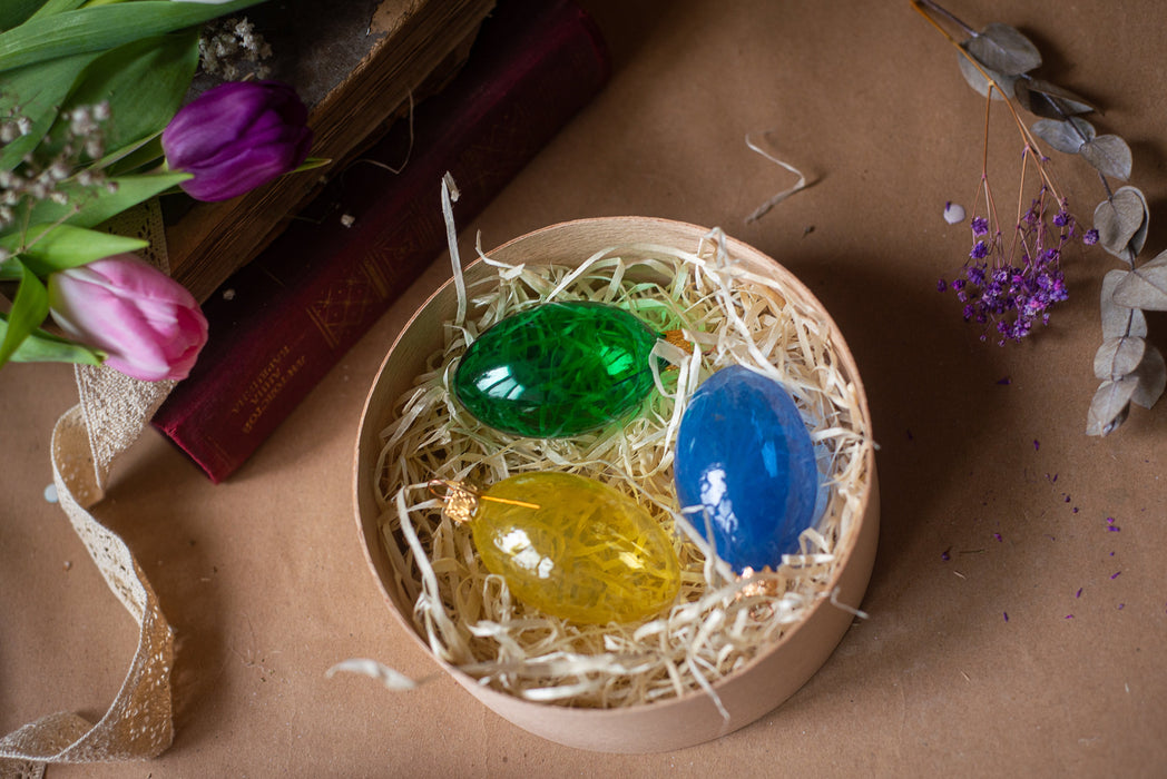 Glass Easter Eggs - Hand-Blown Colorful Hanging Ornaments in Wooden Box Storage
