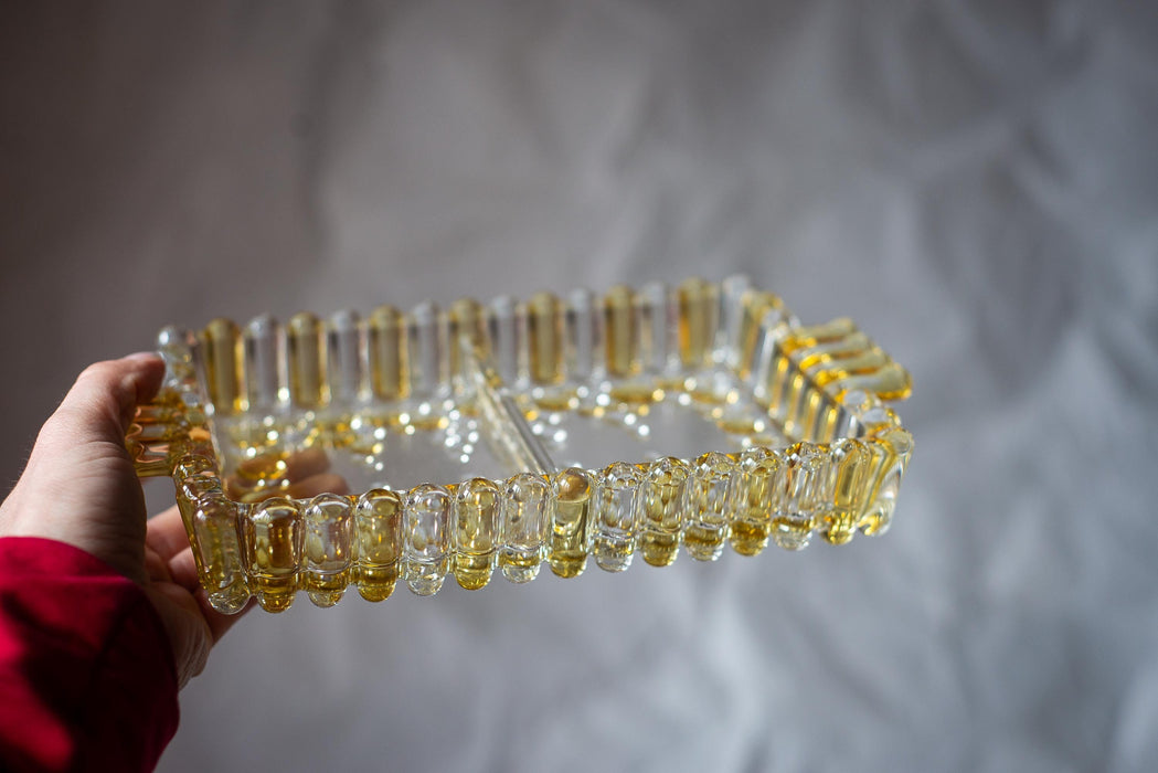 Amber Glass Divided Dish, 1970s Handled Serving Tray 9 In (23 Cm)