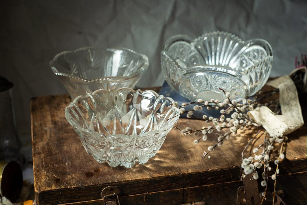 Vintage Cut Crystal Bowl, 1970s Clear Glass Fruit Dish