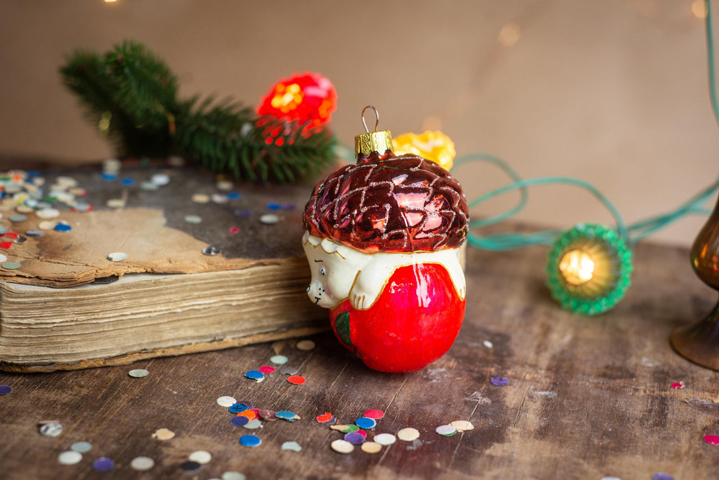 Vintage Glass Hedgehog Ornament with Apple, Woodland