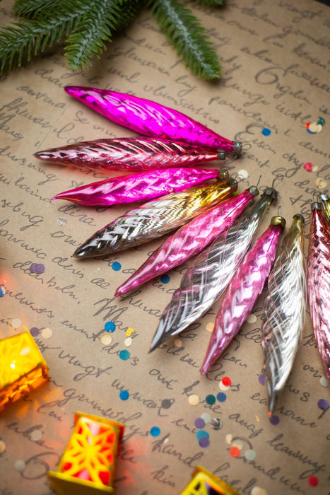 Vintage Christmas Ornaments – 1950s Pink Gold Silver Glass Icicles
