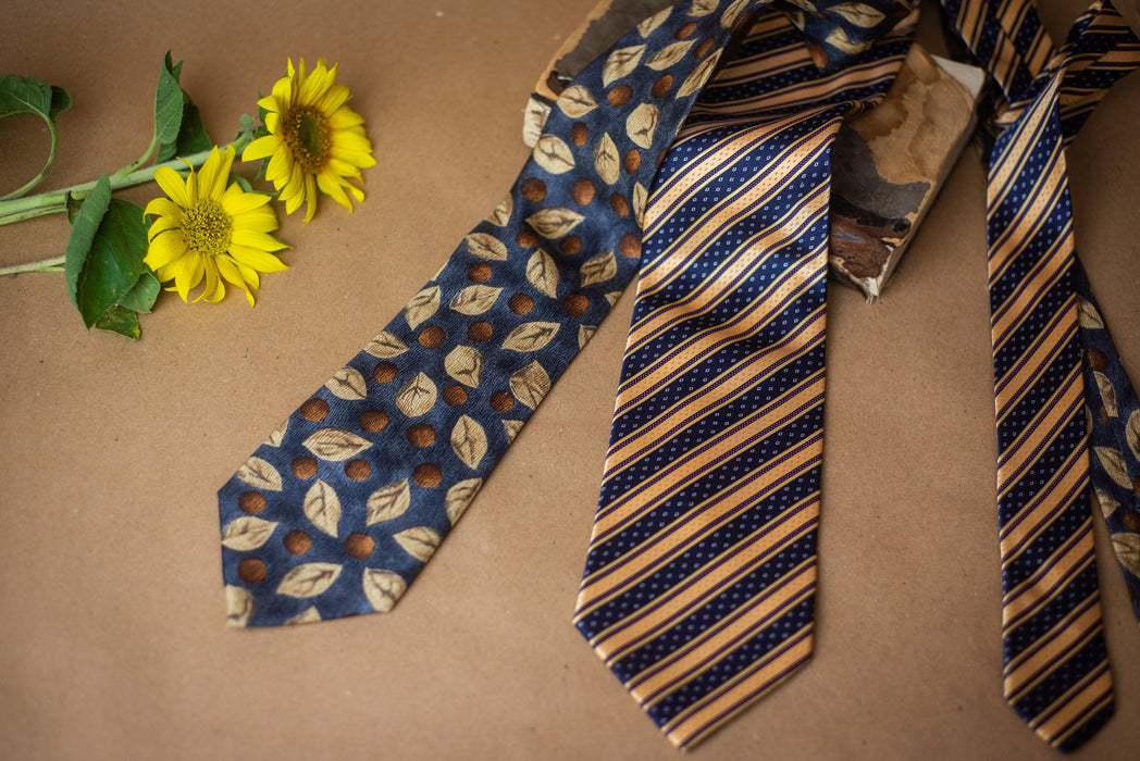 Men's Silk Tie - Vintage Striped Leaf Print Necktie | Luxury Groom Tie