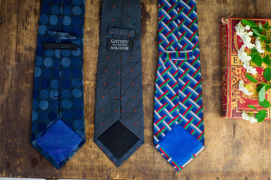 Vintage Designer Silk Neckties, Geometric Blue Red Tie Collection, Wedding Necktie