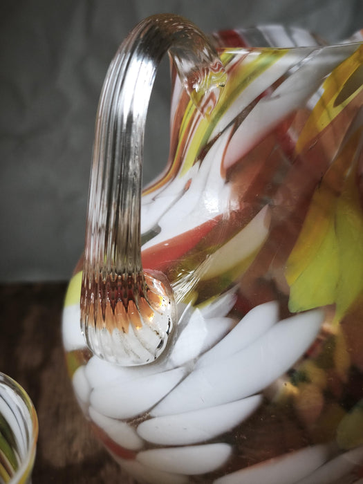 Vintage Murano Glass Pitcher Hand-Blown 1970s With Matching Mugs