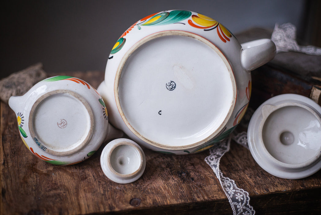 Vintage Ceramic Teapot Set with Petrikivka Flowers, Hand Painted Folk Art Tea Duo