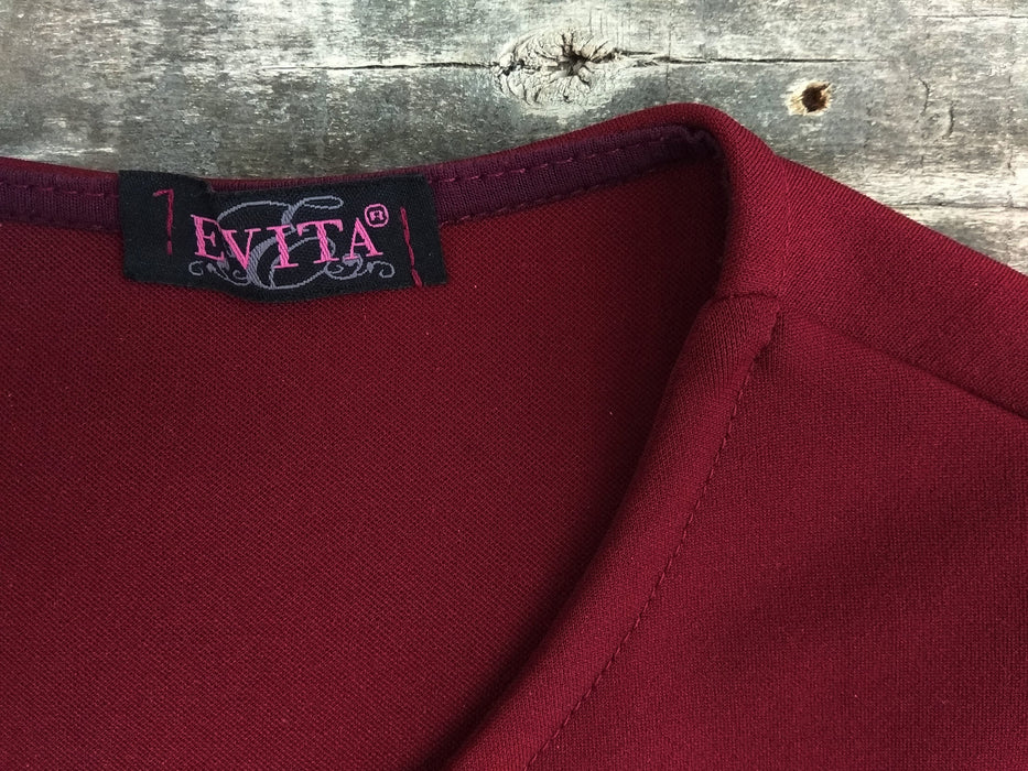 Vintage Peplum Dress - Burgundy Midi Knee Length Sheath With Deep V-Neck