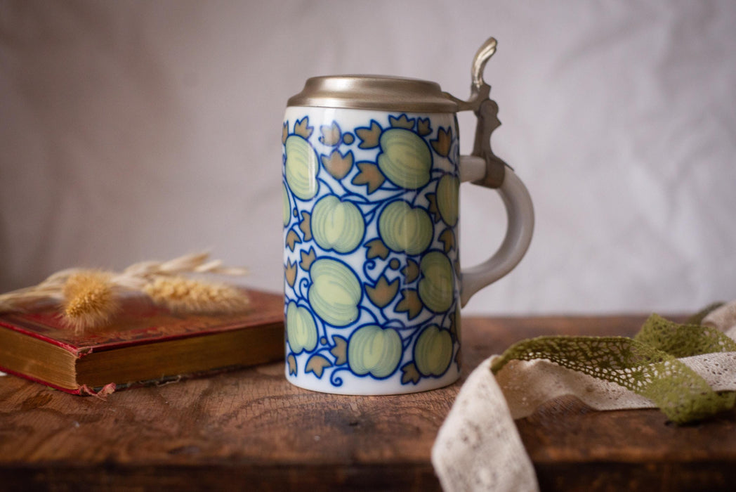 Vintage Bavarian Beer Stein Apple Pattern Ceramic Mug with Lid Germany