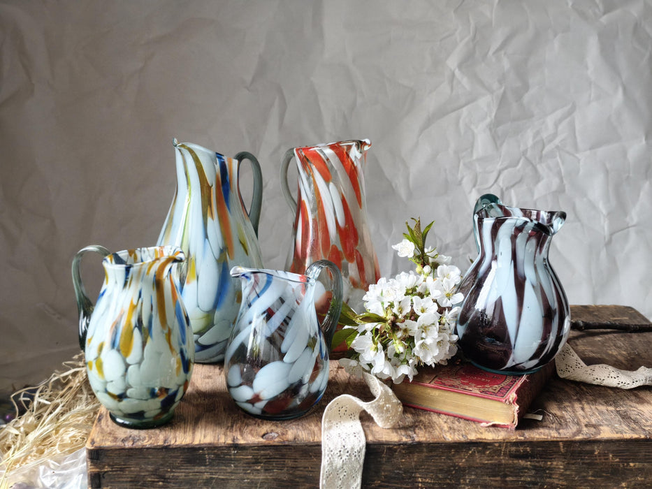 Murano Style Glass Pitcher, Hand-Blown 1970s Colorful Jug Vase In