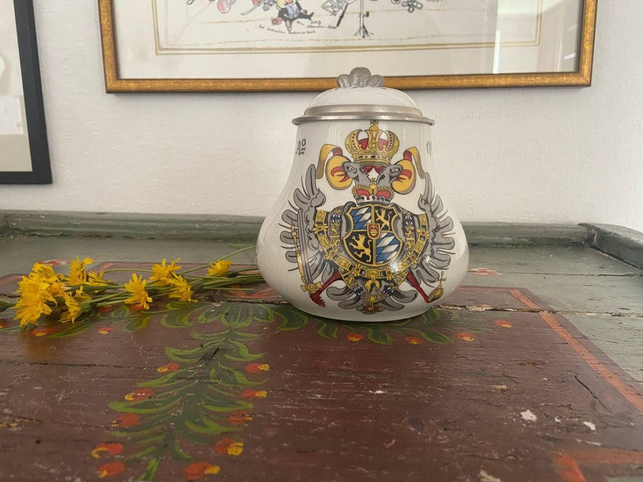 Vintage Bavarian Beer Stein Ceramic Mug with Pewter Lid Lion Eagle Crest