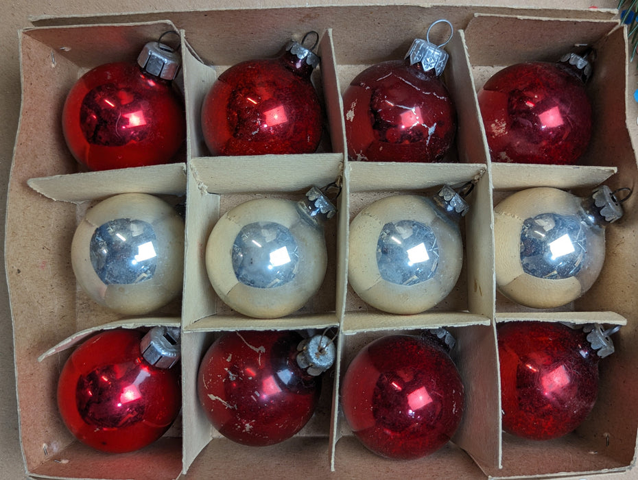 Set of 12 Vintage glass Christmas ornaments in the box, red and silver Xmas balls, Xmas tree hanging baubles