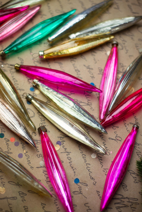 Long Vintage Glass Icicle Ornaments, Pink & Silver – 1950s