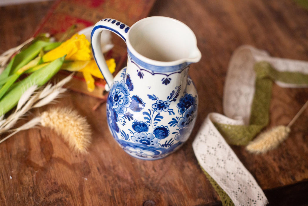 Hand-painted Delft Blue pitcher, flowers and birds, Holland Vintage Ceramic
