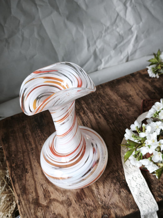 Murano Style Swirl Glass Vase, Hand Blown White Orange Mid Century Decor