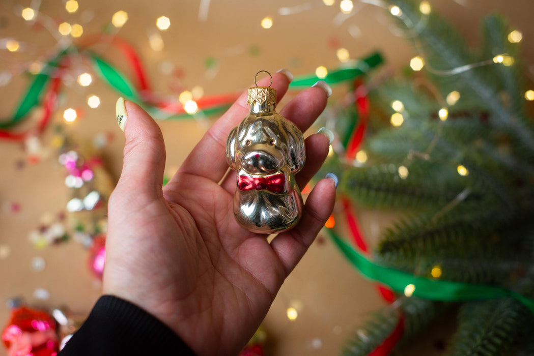 Dog with bow tie, Vintage Glass Christmas Ornament, 70s