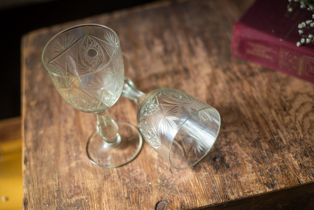 Vintage Etched Crystal Sherry Glasses – Set of 2