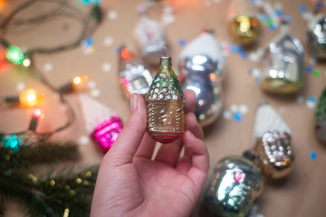 Vintage Glass House Ornaments, Cottage Christmas Tree