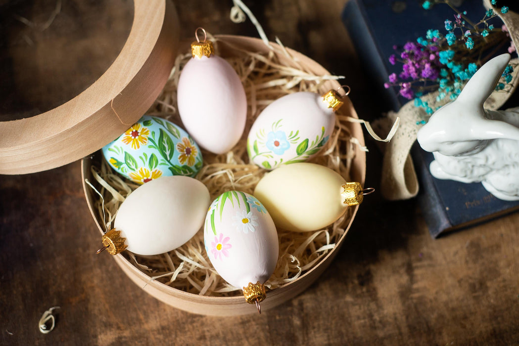 Glass Easter Eggs - Set of 6 Hand Painted Floral Hanging Ornaments for Easter Tree