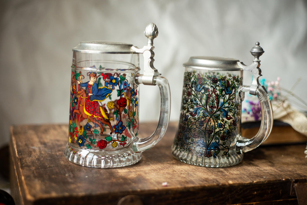 Vintage German Glass Beer Stein with Pewter Lid Medieval & Floral Tankard