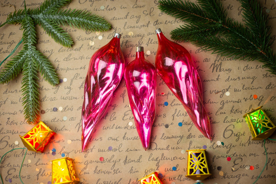 Pink Glass Icicle Christmas Ornaments, Vintage Set of 3