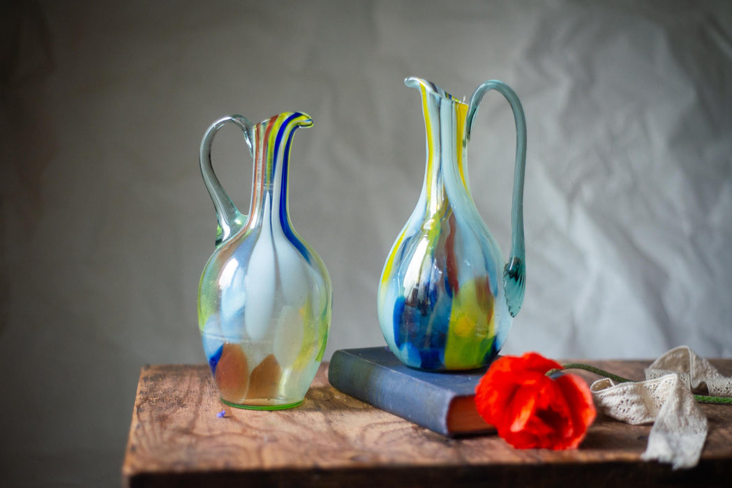 Green Murano Style Glass Pitcher – Vintage Art Jug, MCM Breakfast Table Serving Carafe, Water or Wine Jug