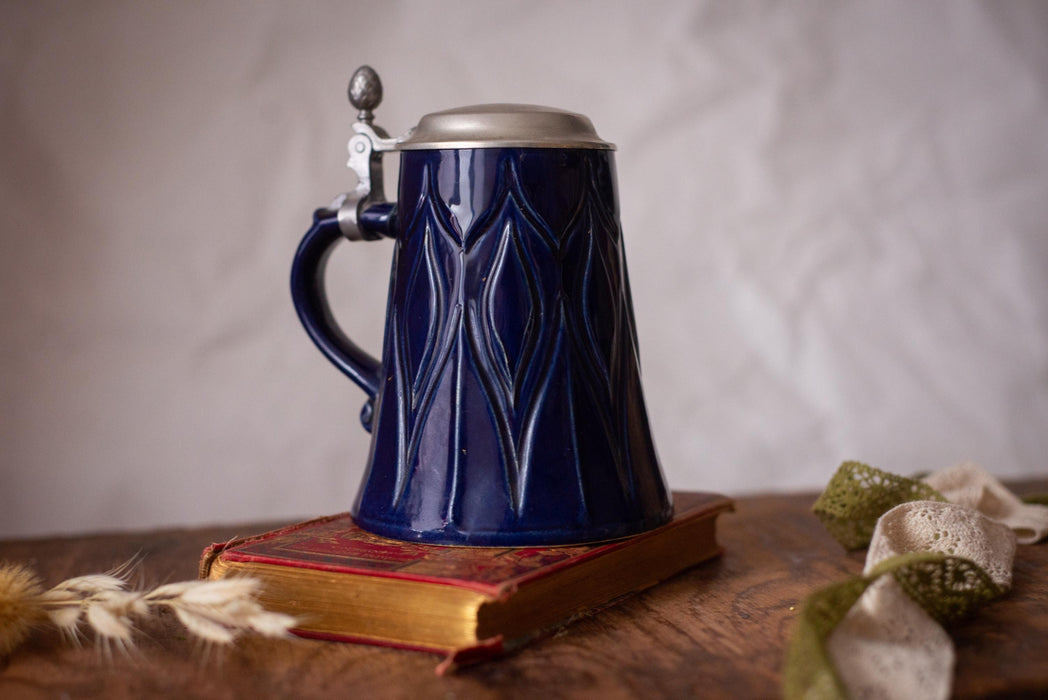 Vintage Cobalt Blue Beer Stein Bavarian Ceramic Mug with Lid