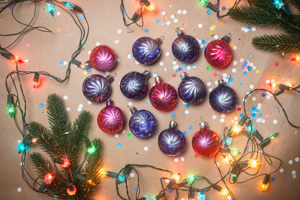 Vintage Glass Christmas Ornaments, Purple Red Baubles