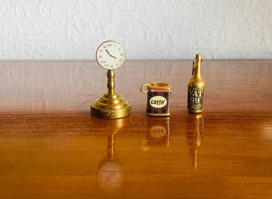 Vintage Brass Kitchen Miniature Set, Dollhouse Clock Coffee Tin and Bottle