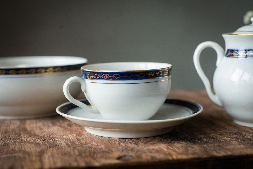 Vintage Porcelain Tea Set with Cobalt Band, 1960s Soviet China Tea for One