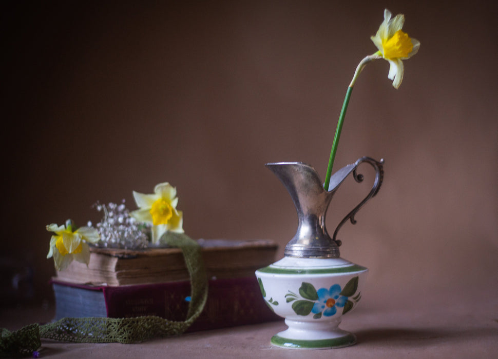 Ceramic jug with metal top, hand-painted clay carafe, 1970s German pitcher, blue flower ornament, mother's day gift